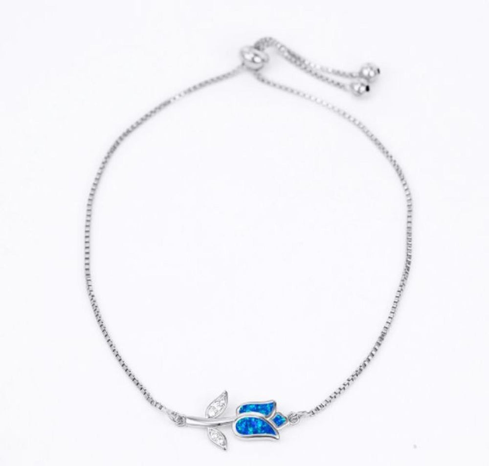 Silver-Tone Blue Simulated Opal Rose Bracelet