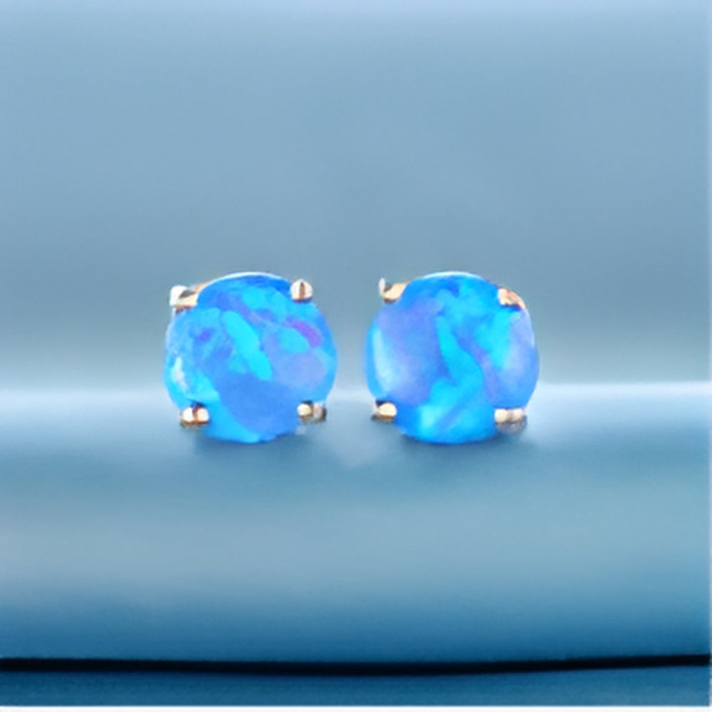 Silver-Tone Petite Round Blue Simulated Opal Four-Prong Stud Earrings