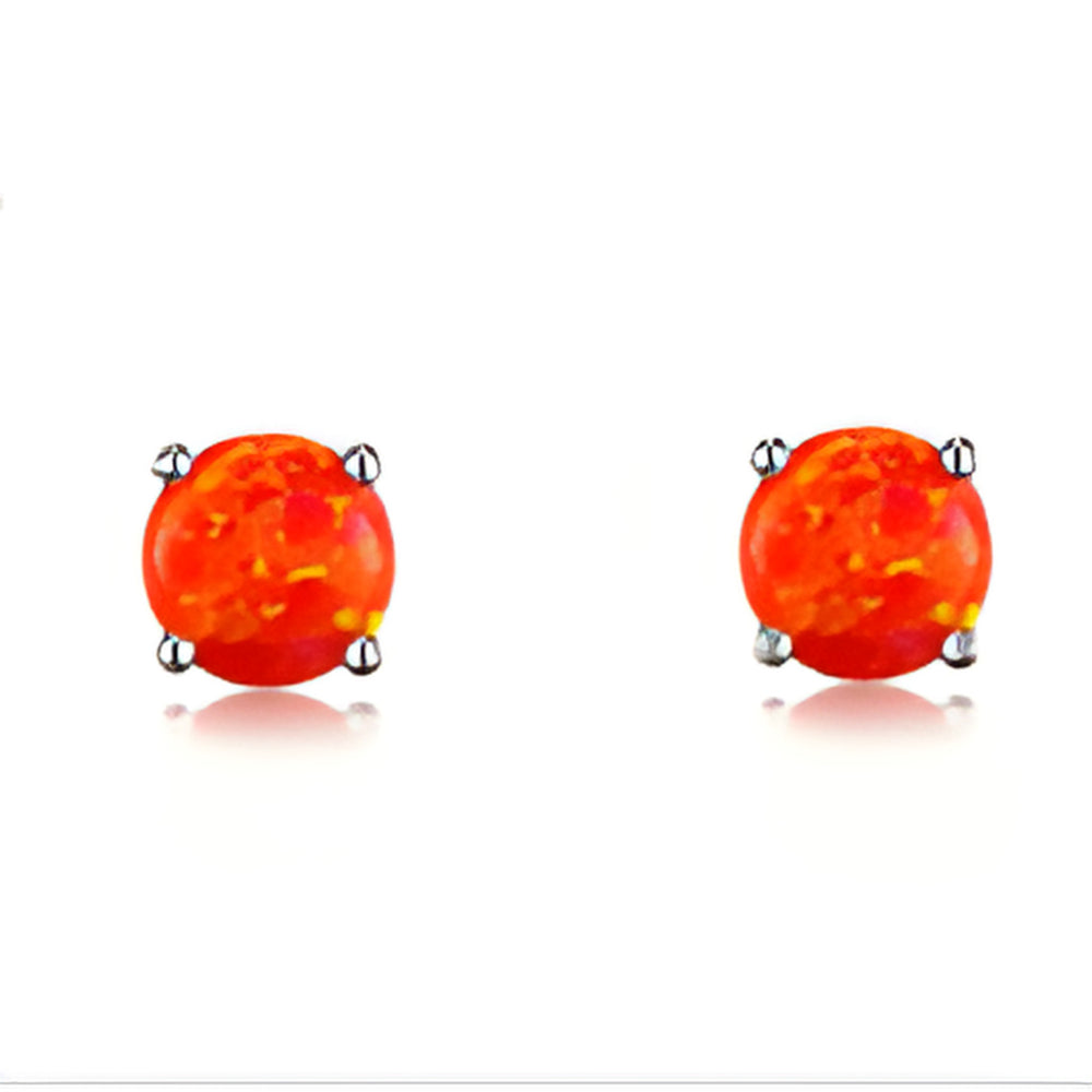 Silver-Tone Round Orange Simulated Opal Four-Prong Stud Earrings