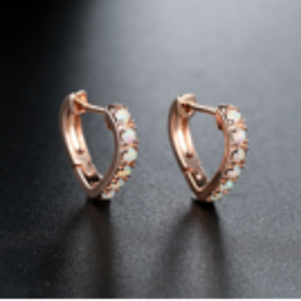 Rose Gold-Tone Six-Stone White Simulated Opal Heart Huggie Earrings