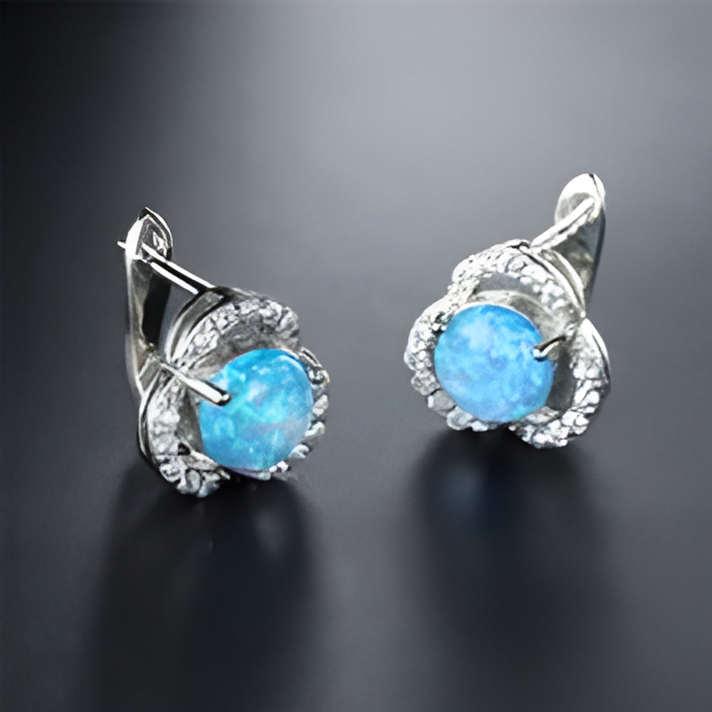 Silver-Tone Round Blue Simulated Opal Crystal Swirl Huggie Earrings