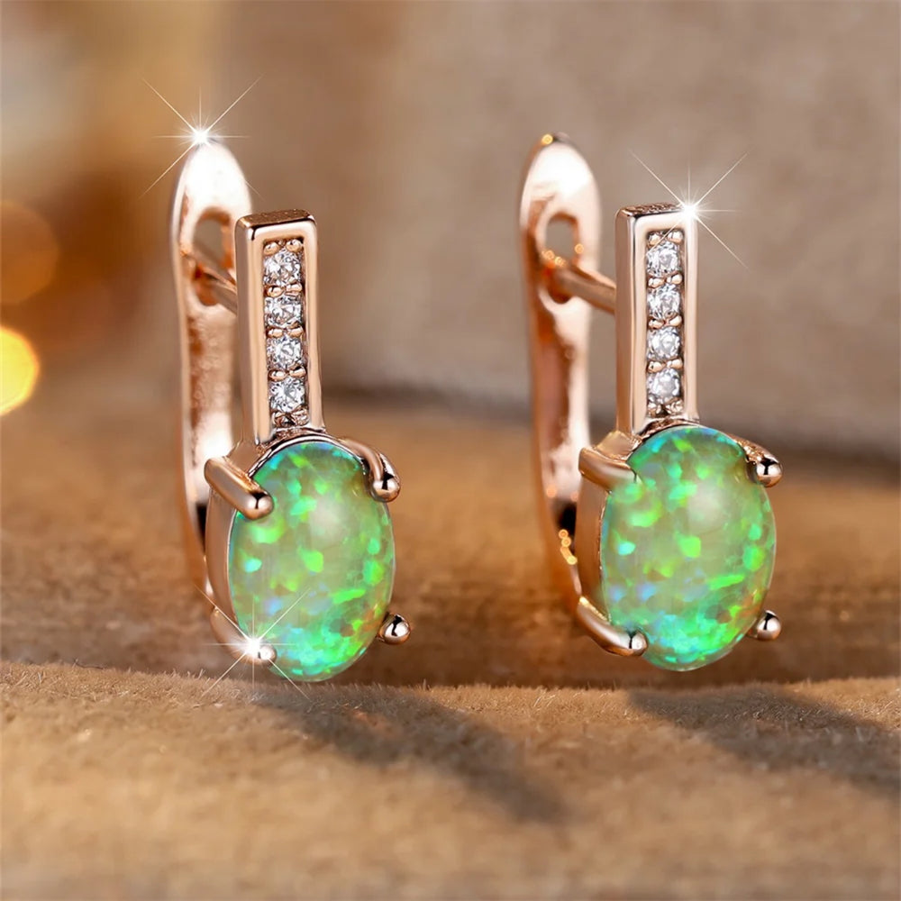 Rose Gold-Tone Green Simulated Opal Oval Crystal Bar Huggie Earrings