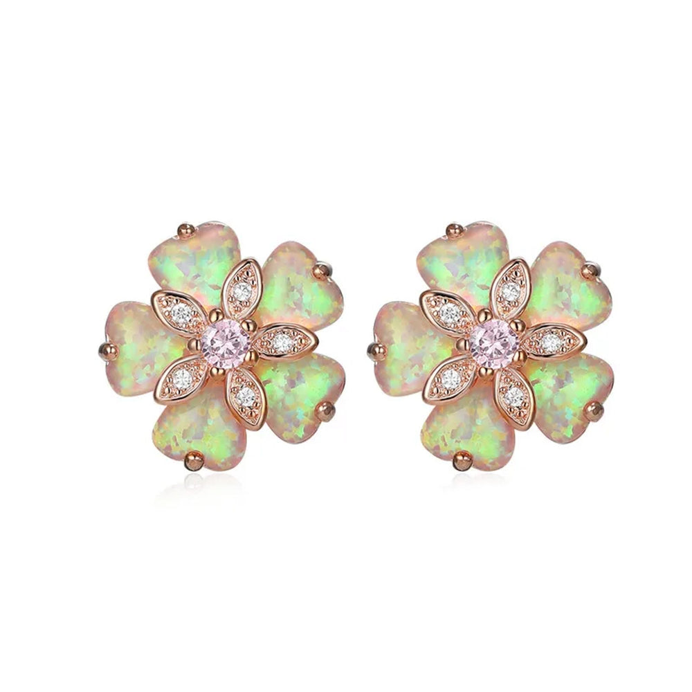 Rose Gold-Tone Pink Simulated Opal Cherry Blossom Stud Earrings