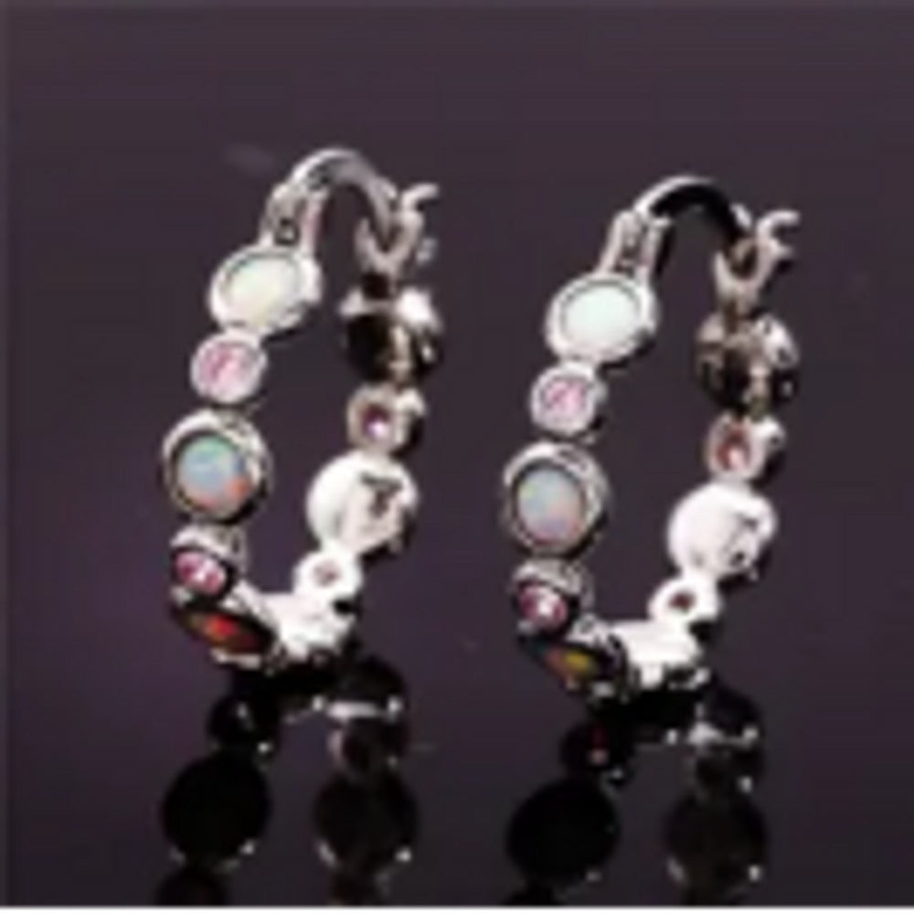Silver-Tone White Round Simulated Opal Circle Huggie Earrings