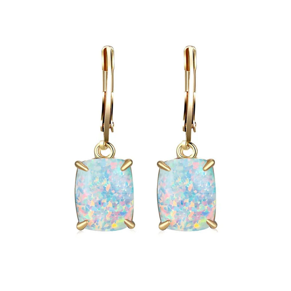 Gold-Tone Four-Prong White Baguette Simulated Opal Huggie Earrings