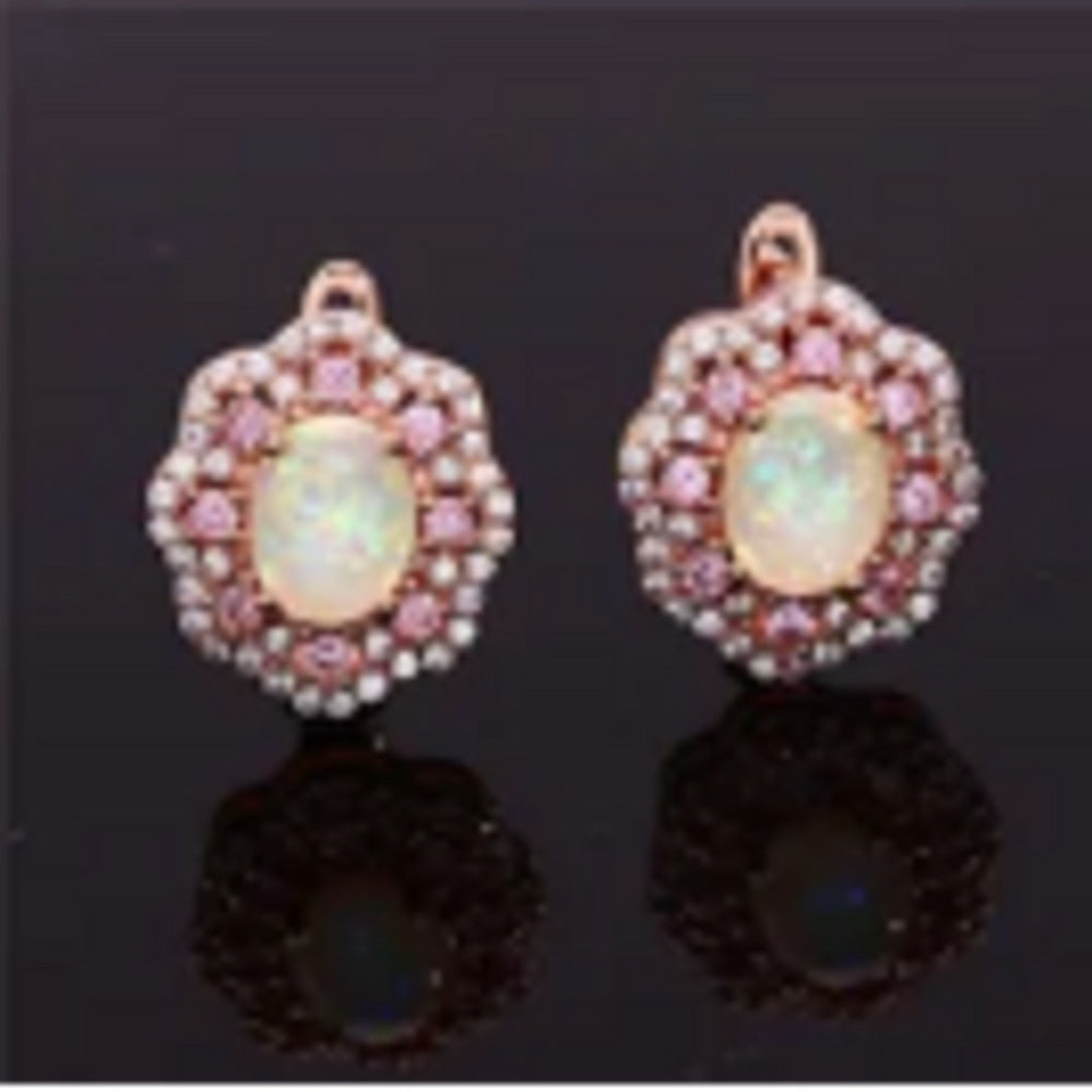 Rose Gold-Tone White Oval Simulated Opal Flower Stud Earrings