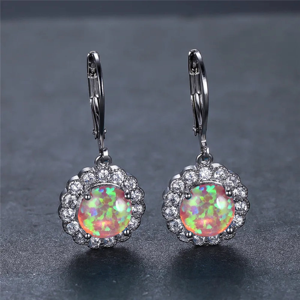 Silver-Tone Multicolor Simulated Opal Round Scalloped Crystal Halo Drop Earrings