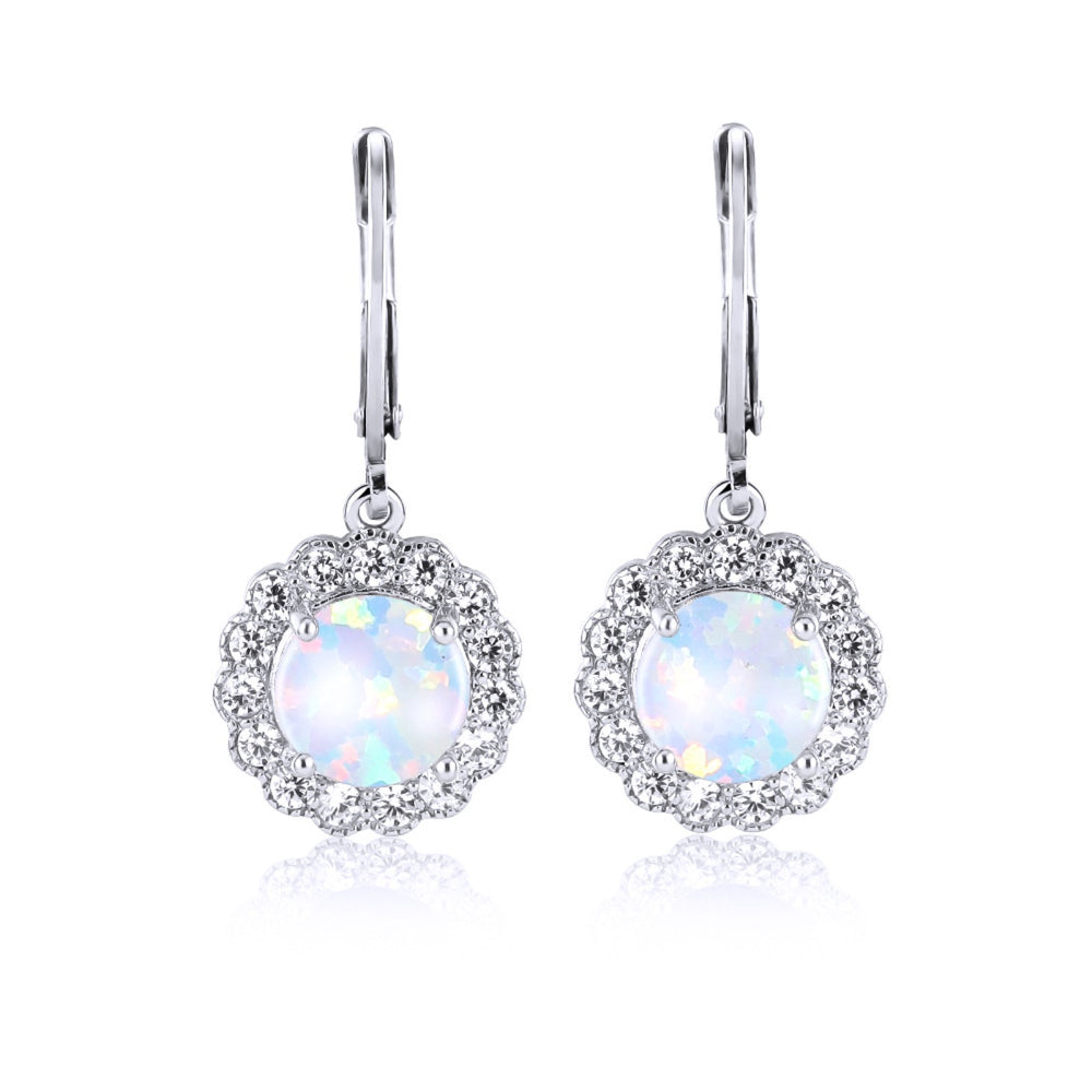 Silver-Tone White Simulated Opal Round Scalloped Crystal Halo Drop Earrings
