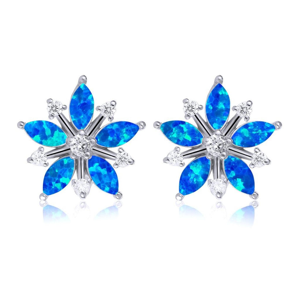 Silver-Tone Blue Simulated Opal Ice-Flower Stud Earrings
