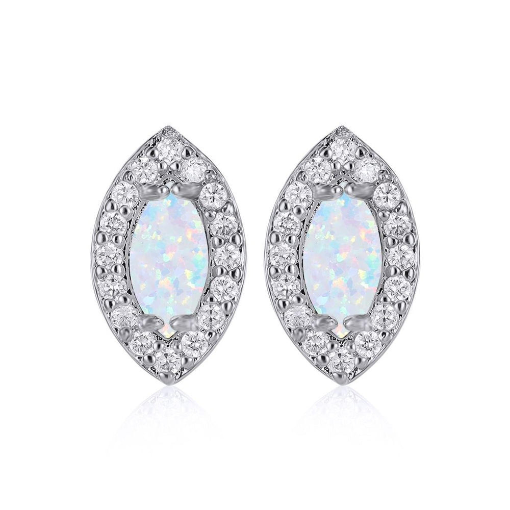 Silver-Tone Haloed White Simulated Opal Evil Eye Stud Earrings