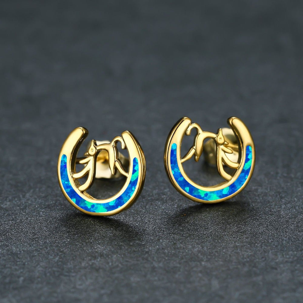 Gold-Tone Blue Simulated Opal Inlay Crescent Moon Deer Stud Earrings