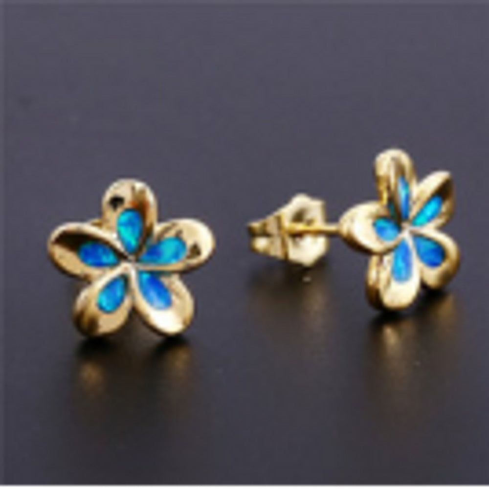Gold-Tone Dimensional Blue Simulated Opal Five-Petal Flower Stud Earrings