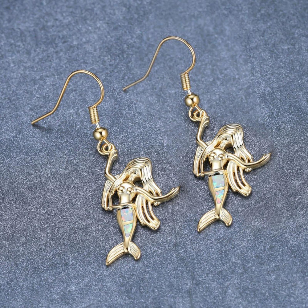 Gold-Tone White Simulated Opal Mermaid Drop Earrings