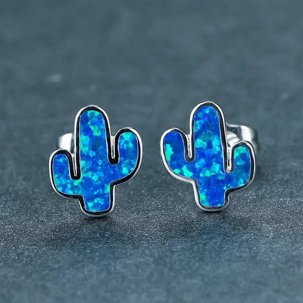 Silver-Tone Blue Simulated Opal Stud Earrings