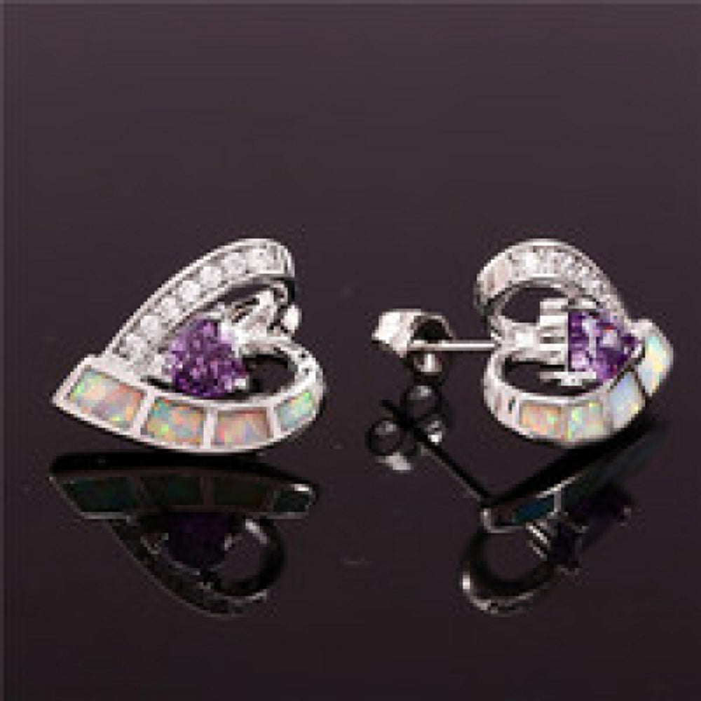 Silver-Tone White Heart Simulated Opal Stud Earrings