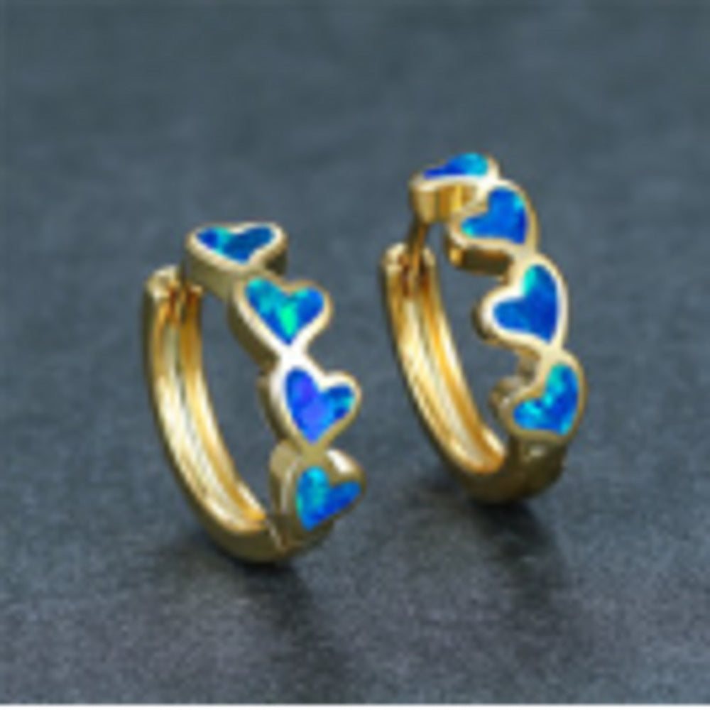 Gold-Tone Four-Stone Blue Simulated Opal Heart Huggie Earrings