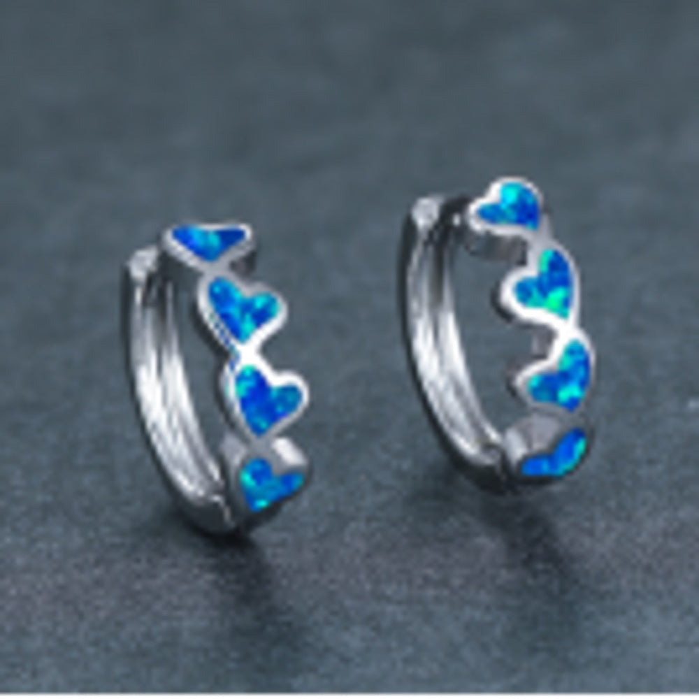 Silver-Tone Four-Stone Blue Simulated Opal Heart Huggie Earrings