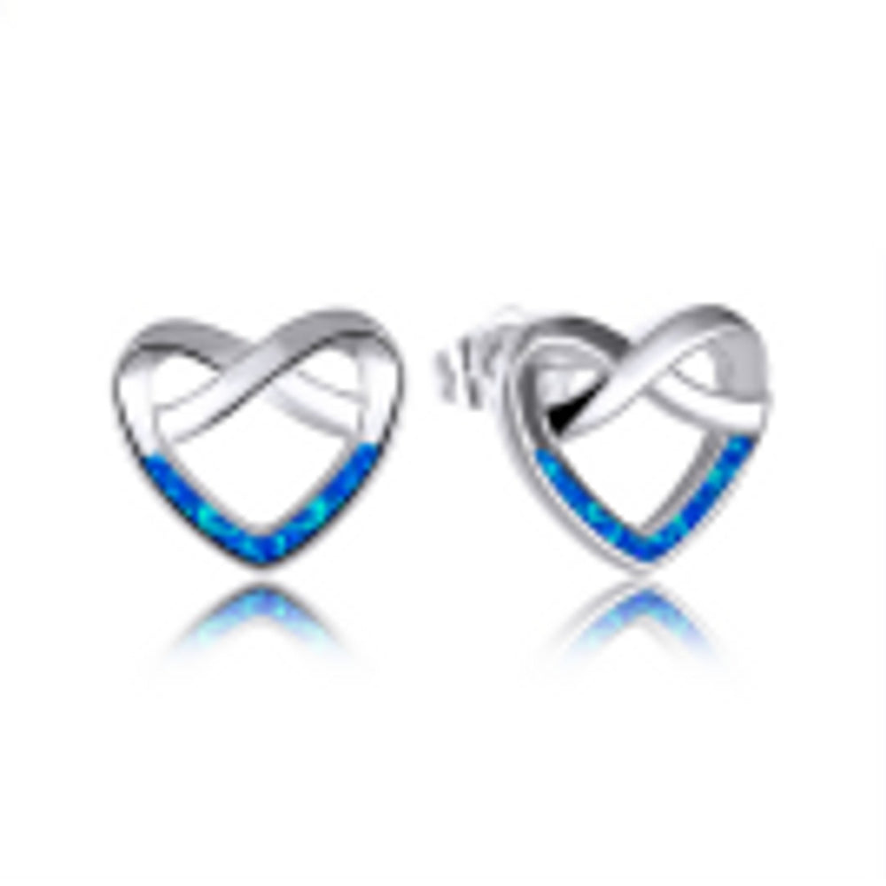 Silver-Tone Blue Simulated Opal Heart Stud Earrings