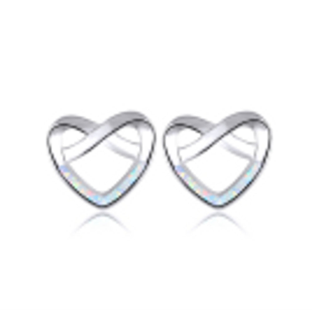 Silver-Tone White Simulated Opal Heart Stud Earrings