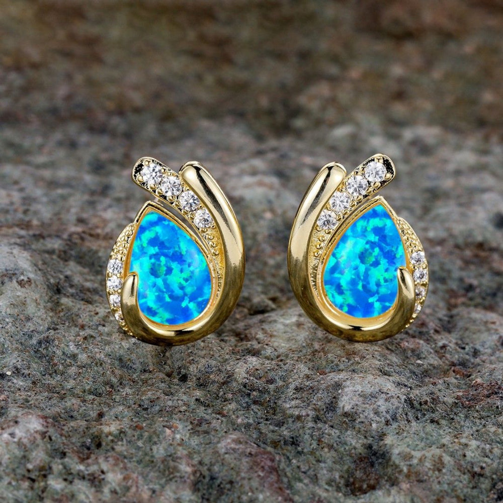 Gold-Tone Blue Teardrop Simulated Opal Geometric Stud Earrings With Crystals