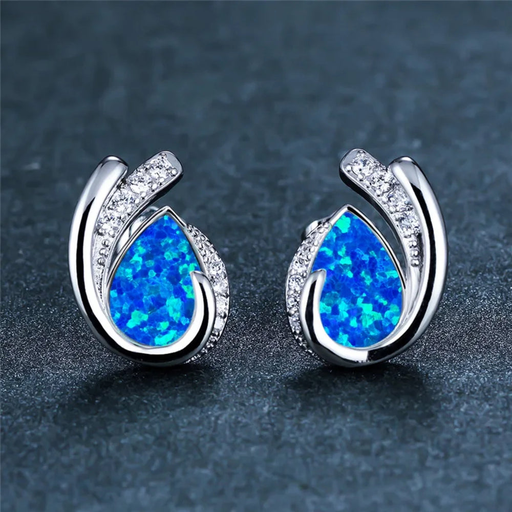 Silver-Tone Blue Simulated Opal Teardrop Crystal Swirl Stud Earrings