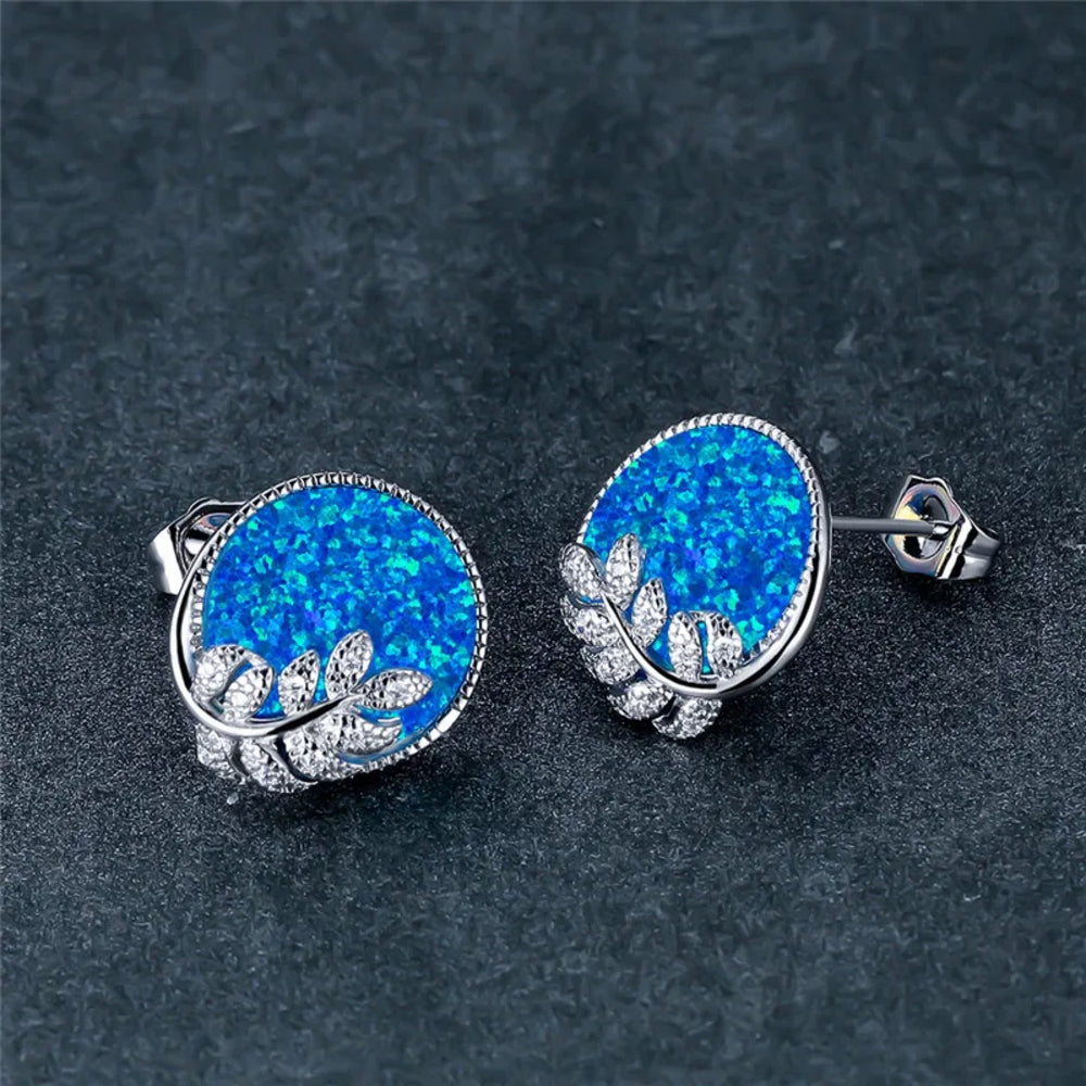 Silver-Tone Blue Simulated Opal Round Crystal Leaf Branch Stud Earrings