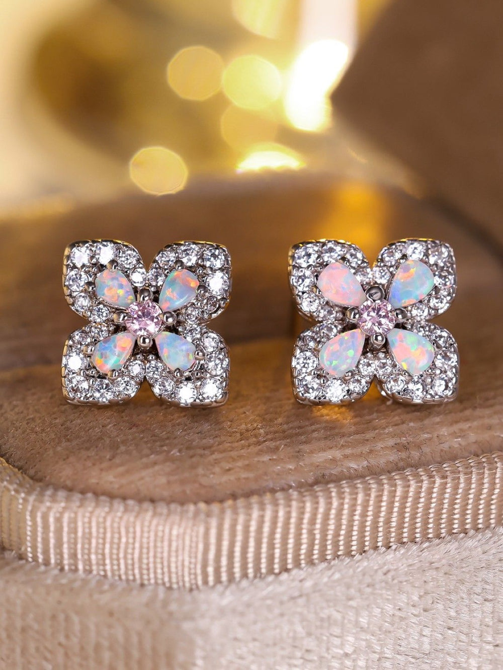 Silver-Tone White Simulated Opal & Pink Crystal Four-Petal Flower Stud Earrings
