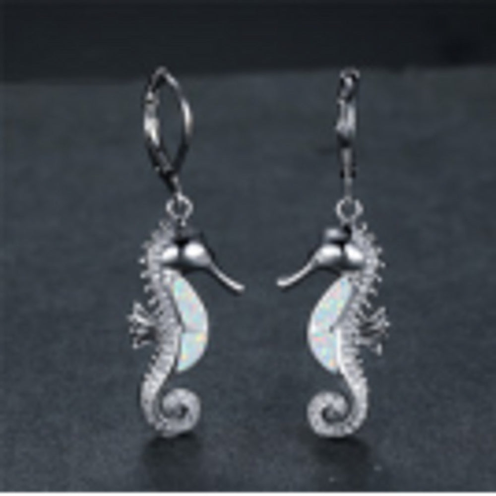 Silver-Tone Micro-Pave White Simulated Opal Drop Earrings