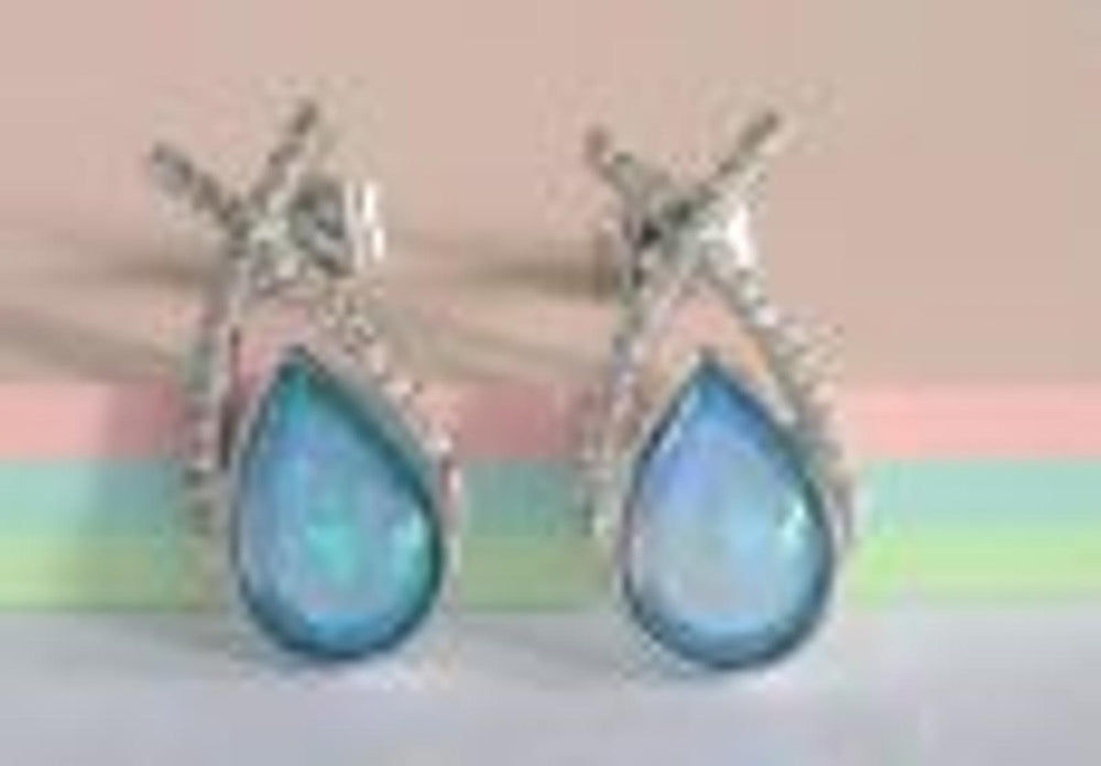 Silver-Tone Blue Teardrop Simulated Opal Crisscross Stud Earrings