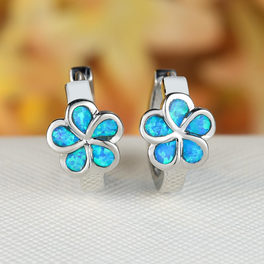 Silver-Tone Blue Simulated Opal Five-Petal Flower Huggie Earrings