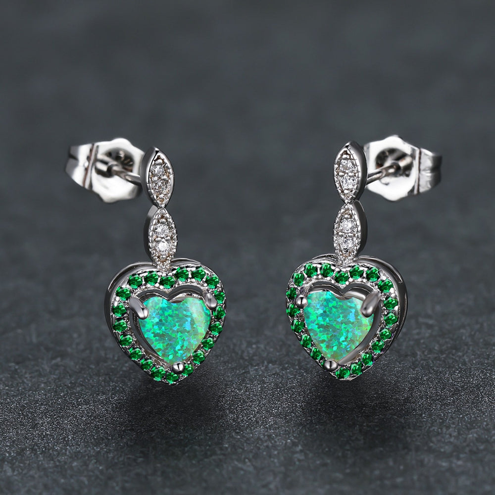 Silver-Tone Haloed Green Heart Simulated Opal Stud Earrings
