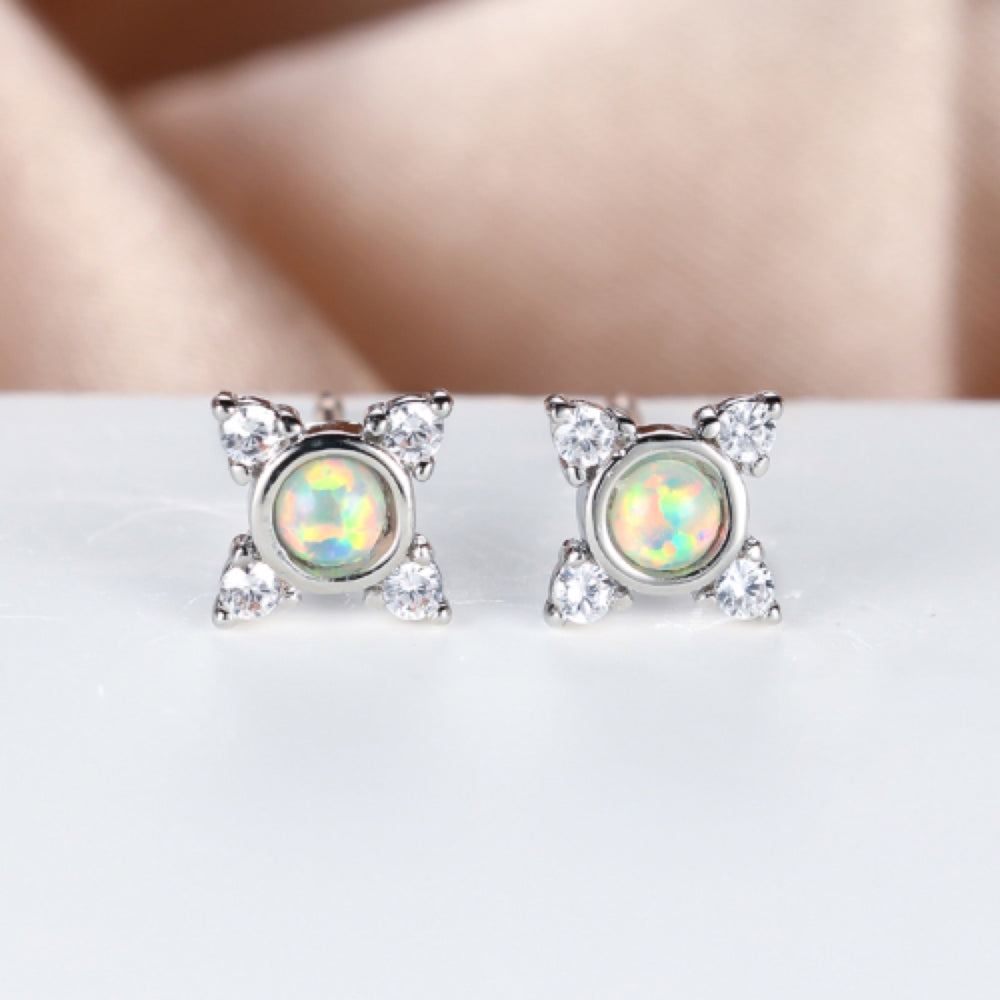 Silver-Tone Round White Simulated Opal Stud Earrings With Crystal Corners