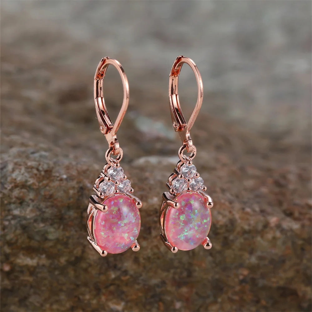 Rose Gold-Tone Pink Simulated Opal Oval Four-Prong Drop Earrings