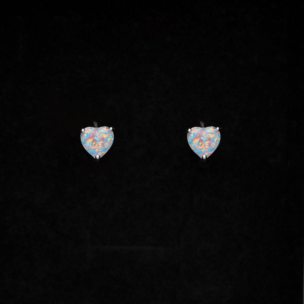 Silver-Tone White Simulated Opal Heart Three-Prong Stud Earrings