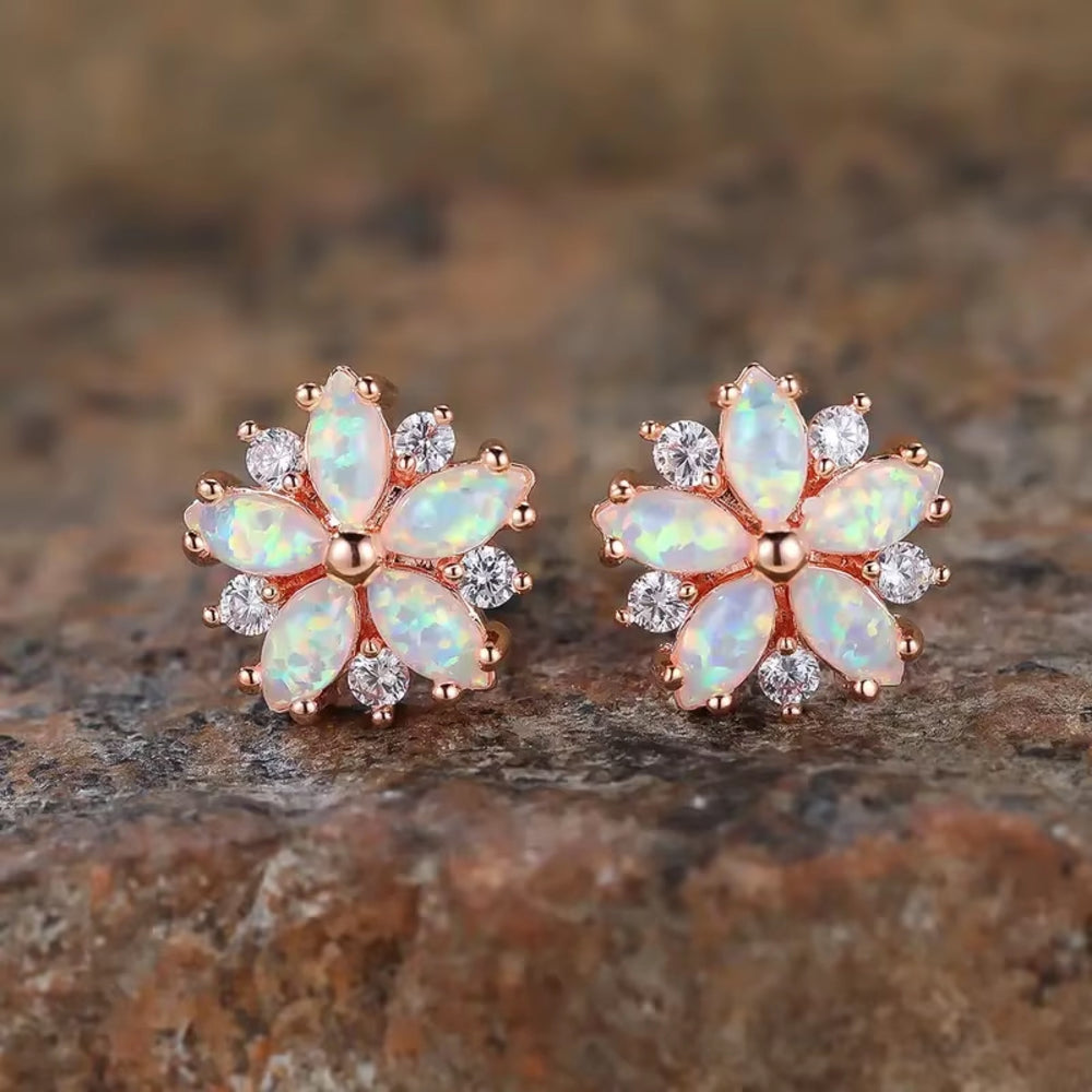 Champagne Gold-Tone White Simulated Opal Petal Flower Stud Earrings
