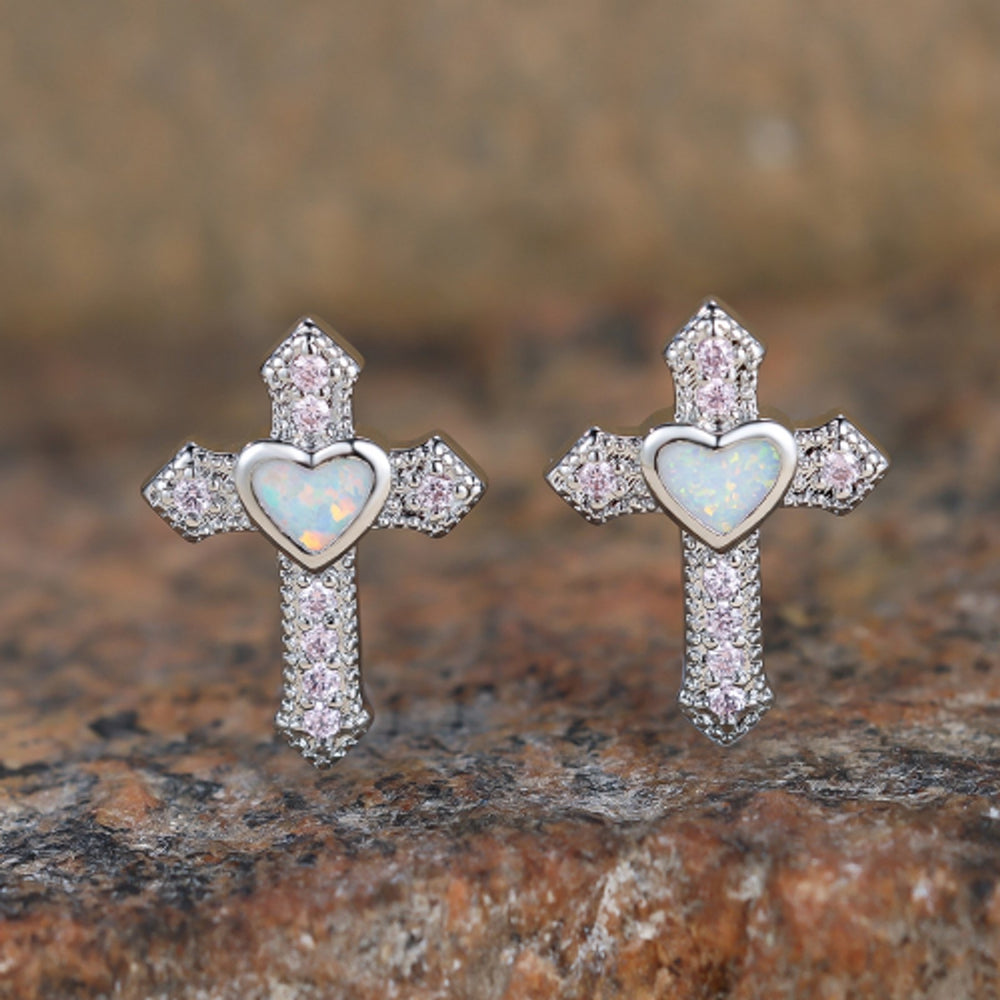 Silver-Tone White Simulated Opal Heart Stud Earrings