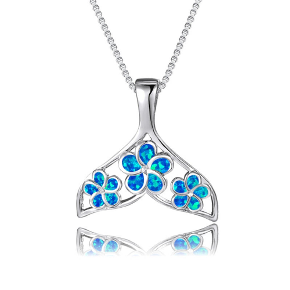 Silver-Tone Blue Simulated Opal Flower Necklace