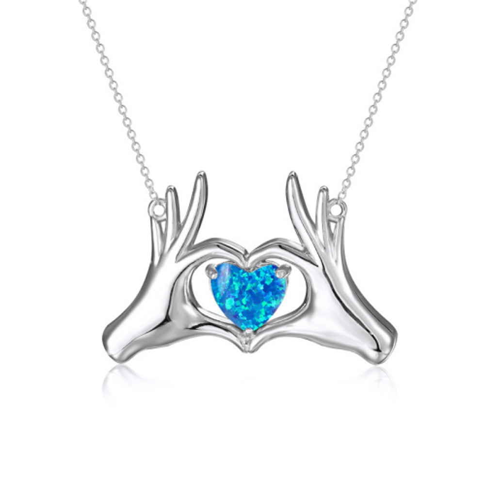Silver-Tone Blue Simulated Opal Heart Necklace