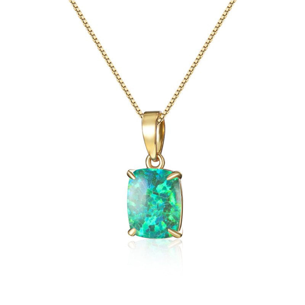 Gold-Tone Cushion Green Simulated Opal Solitaire Pendant Necklace