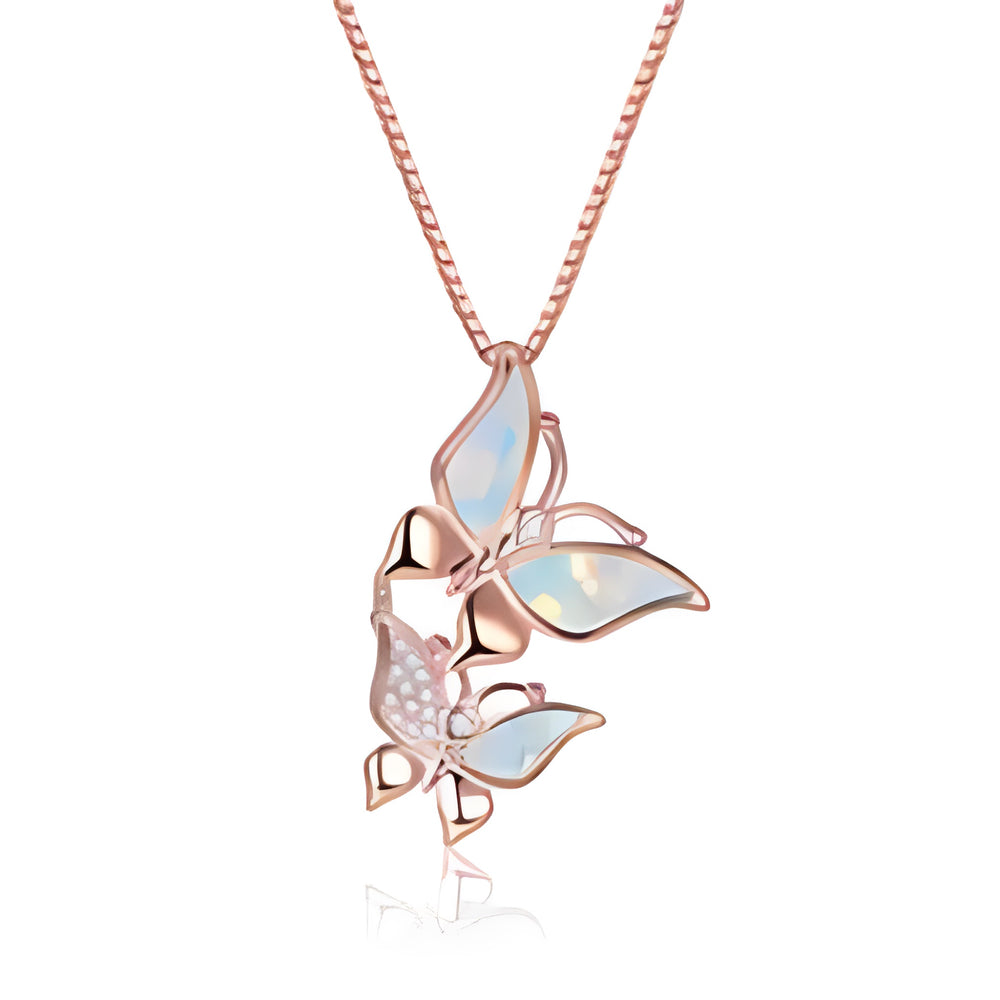 Rose Gold-Tone White Simulated Opal Double Butterfly Pendant Necklace