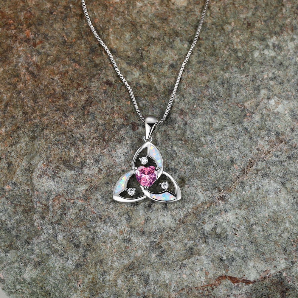 Silver-Tone Pink Heart Crystal Simulated Opal Trinity Knot Pendant Necklace