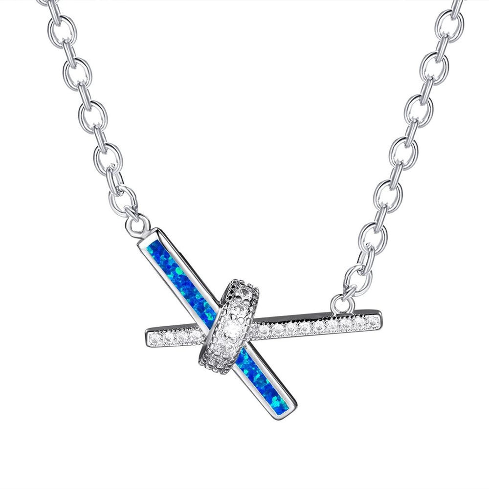 Silver-Tone Micro-Pave Blue Simulated Opal Crisscross Necklace