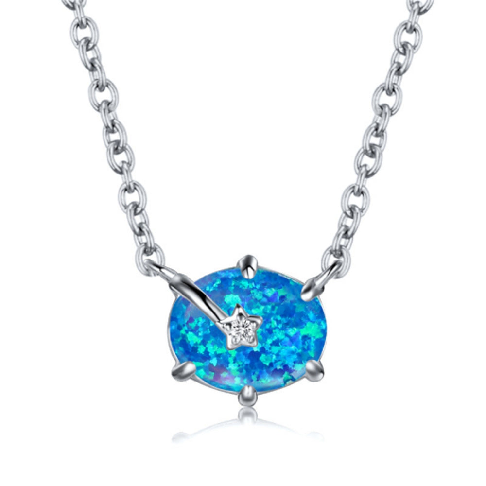 Silver-Tone Six-Prong Blue Oval Simulated Opal Star Necklace