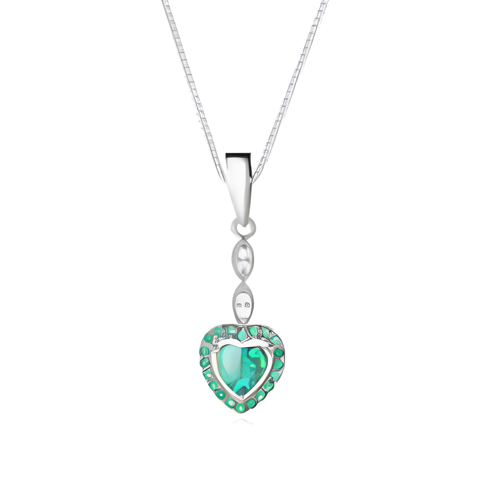 Silver-Tone Green Simulated Opal Heart & Green Crystal Halo Drop Necklace