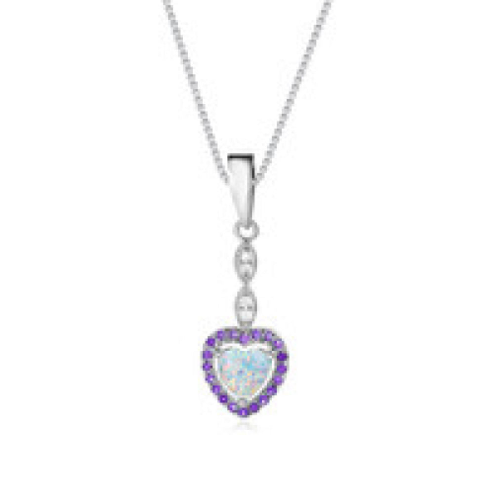 Silver-Tone Haloed White Heart Simulated Opal Necklace