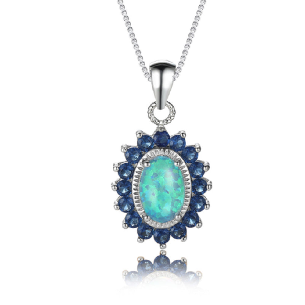 Silver-Tone Blue Simulated Opal Sapphire-Blue Crystal Sunburst Pendant Necklace