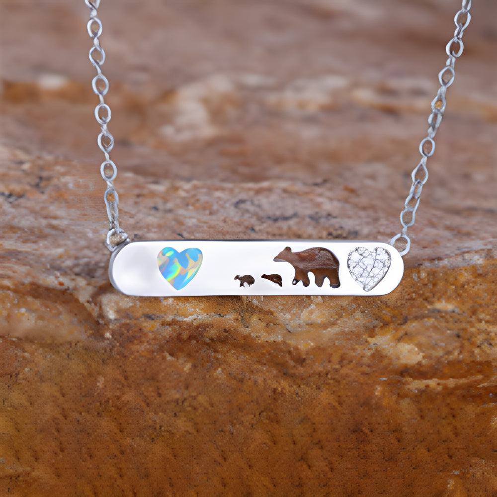 Silver-Tone White Simulated Opal Hearts Bear Family Bar Necklace