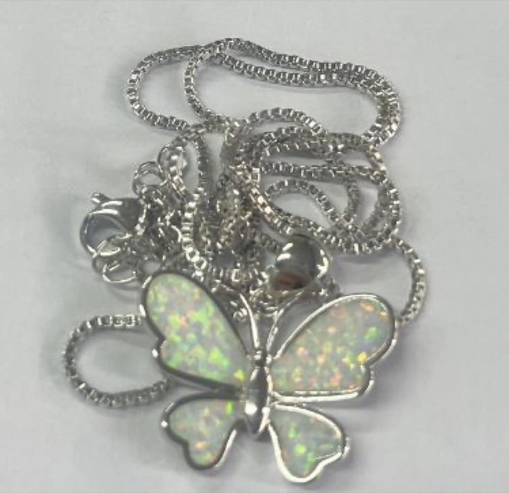 Silver-Tone White Simulated Opal Inlay Butterfly Pendant Necklace