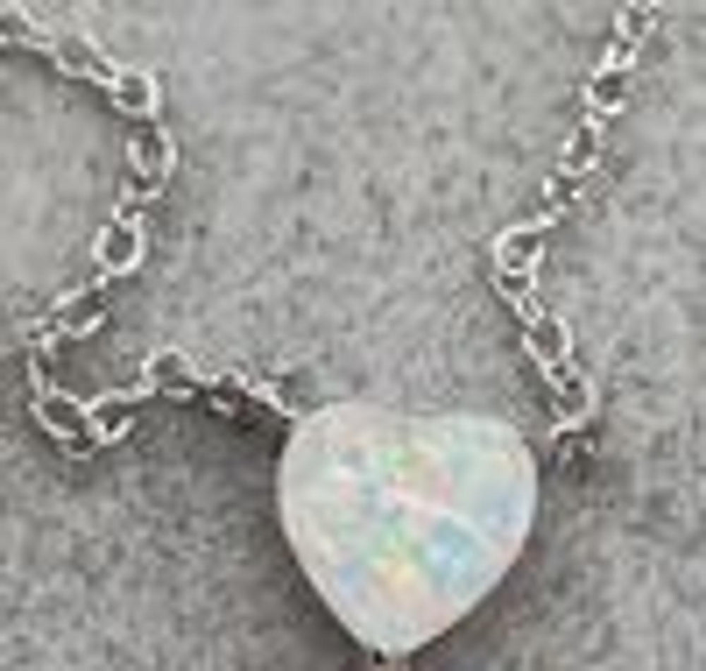 Silver-Tone White Simulated Opal Heart Necklace