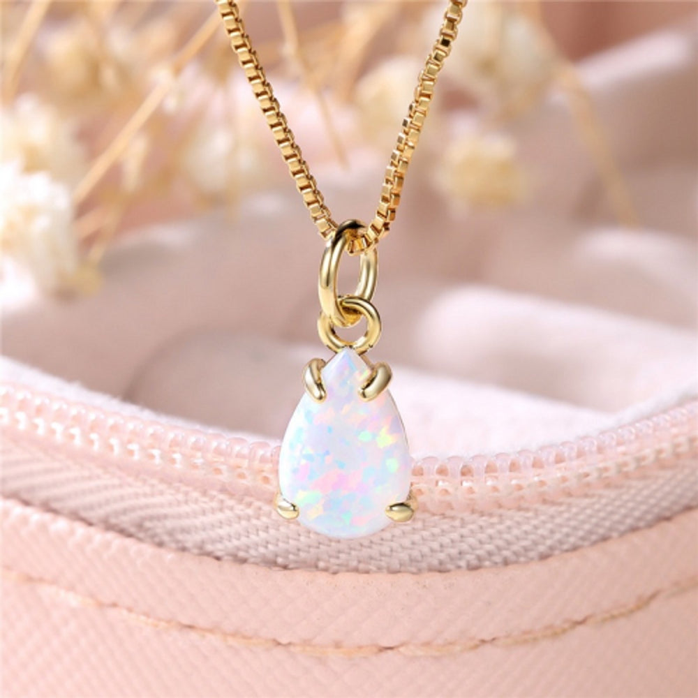 Gold-Tone Minimalist White Teardrop Simulated Opal Necklace